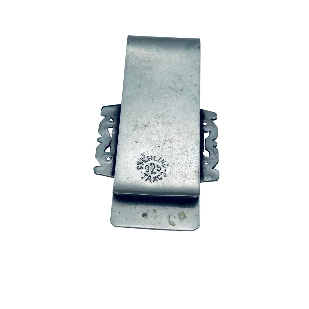 Vintage Taxco Mexico Sterling Silver 925 Carved Green Onyx Mask Money Clip